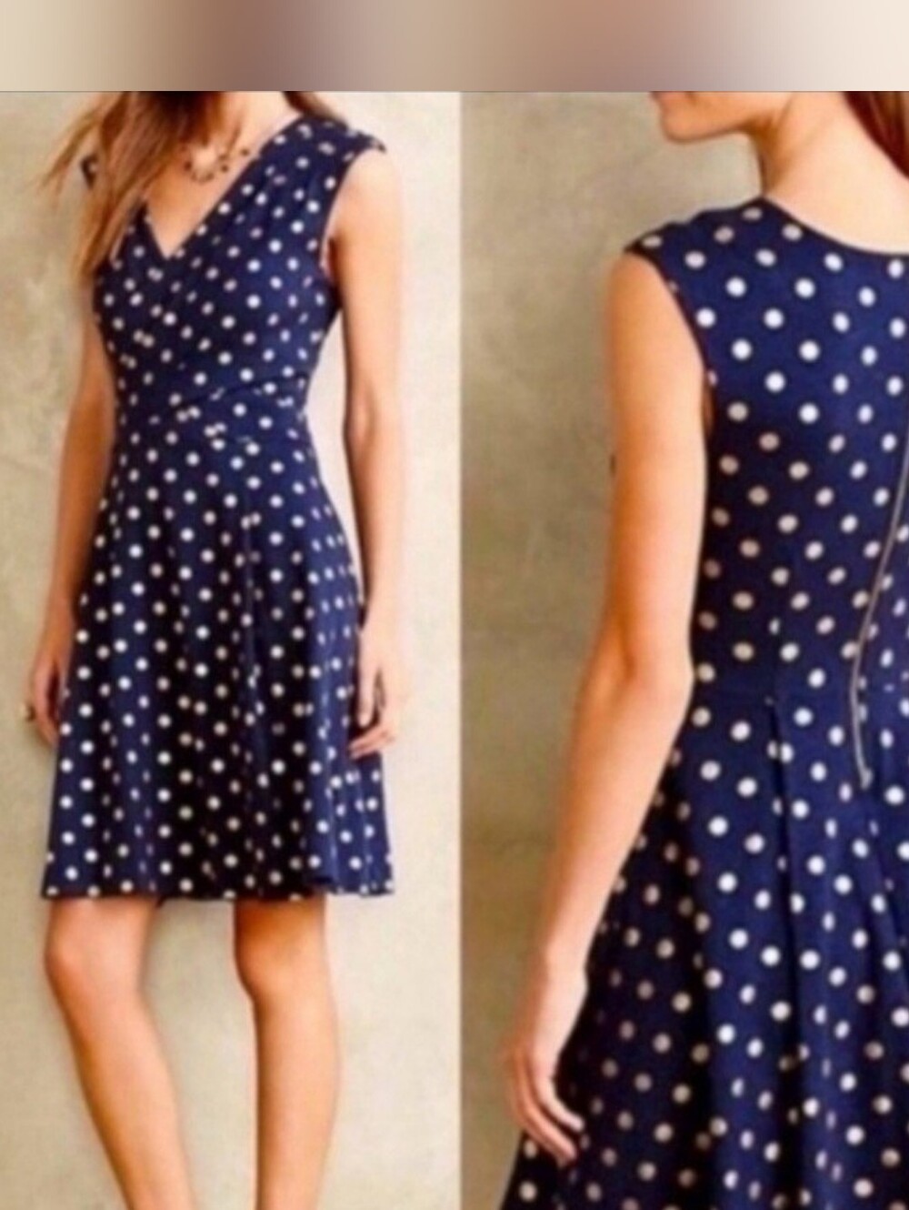 Anthropologie Maeve "Ophira" Navy And Gold Polka Dot Dress, Size Small